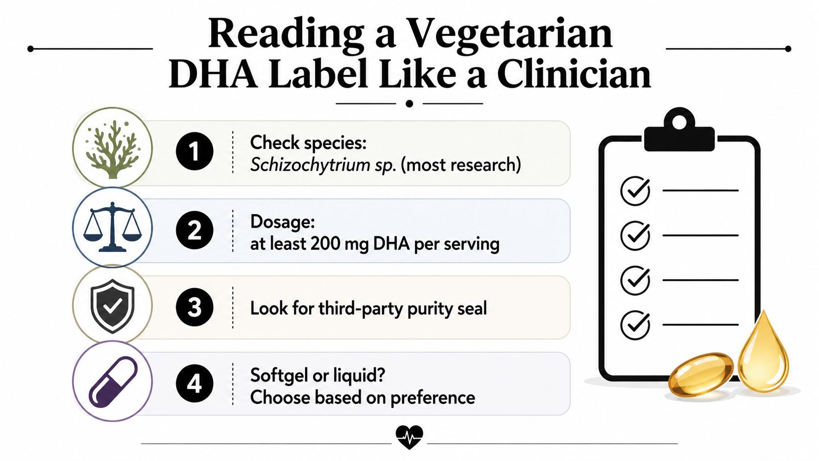 An infographic showing four steps for clinicians to evaluate vegetarian DHA supplement labels for quality and dosage.