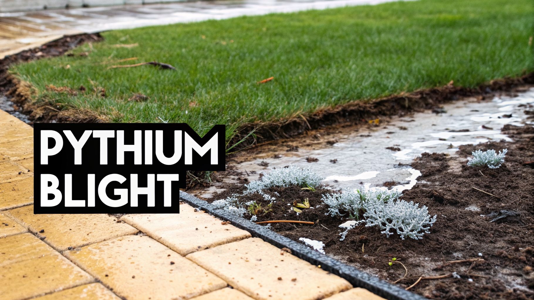 A lawn infected with Pythium Blight, showing damaged grass, muddy soil, standing water, and a paved path.