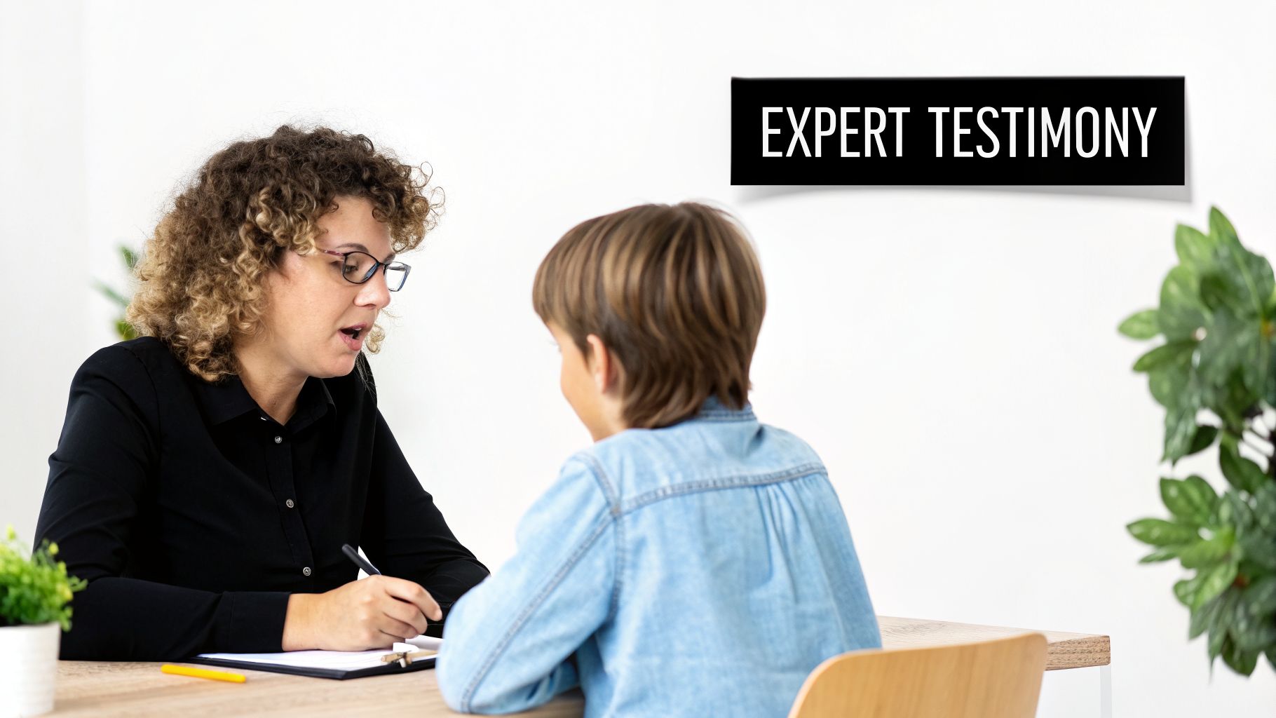 A woman with glasses interviews a young boy at a desk, with an "EXPERT TESTIMONY" sign.