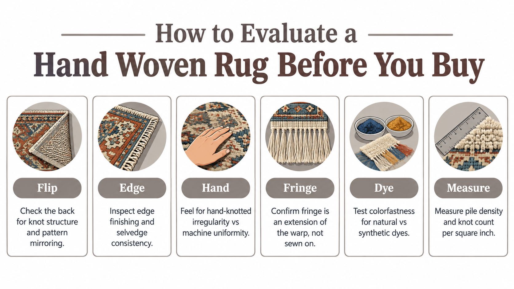 A guide infographic illustrating six essential steps for evaluating quality when purchasing a hand woven area rug.