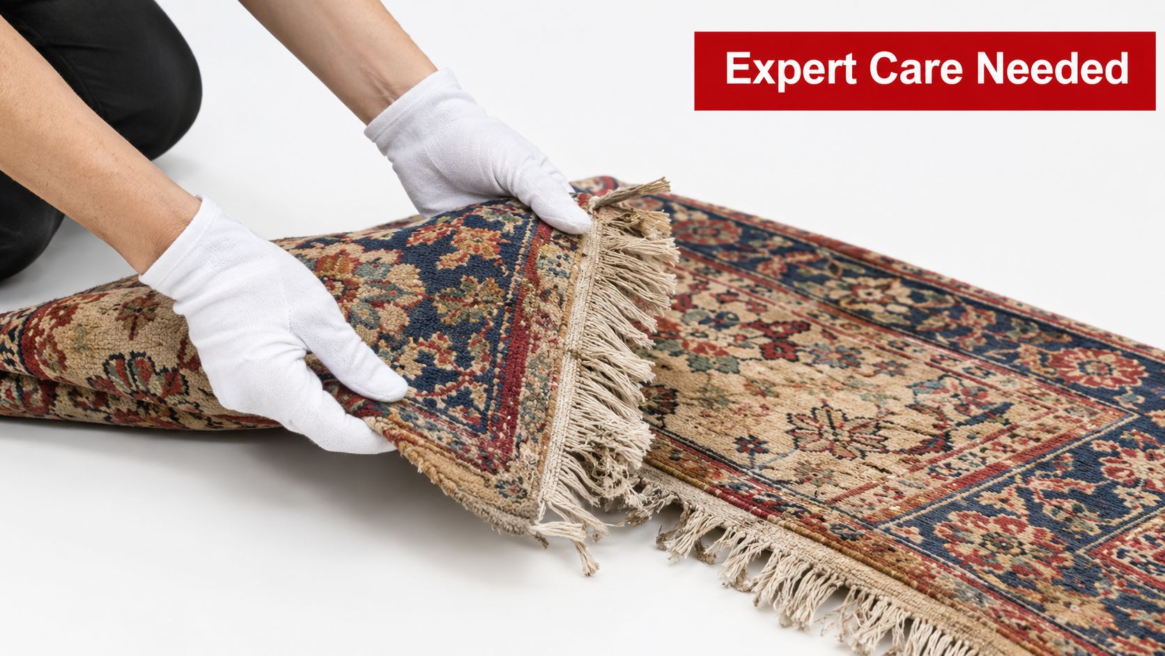 A person wearing white gloves gently handling and inspecting a delicate, traditional hand-woven silk rug on a white floor.