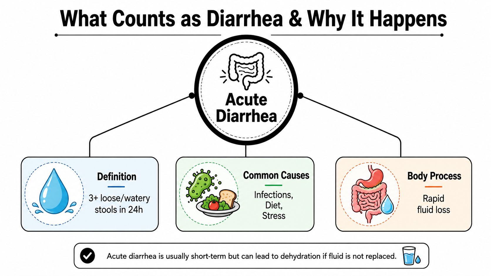 An infographic defining acute diarrhea, its common causes like infections, and how it impacts the body.