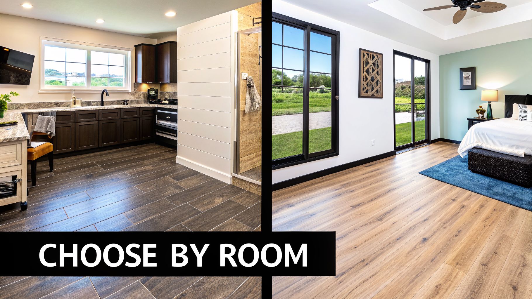 Split image of a modern kitchen with dark tile floor and a bedroom with light wood flooring.