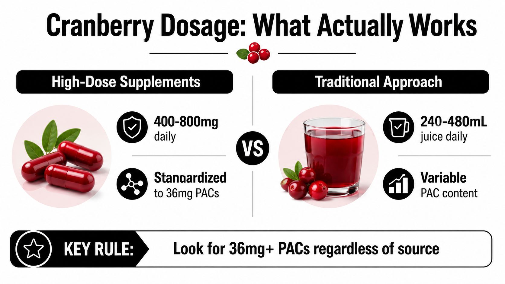 A comparison infographic showing cranberry supplement capsules versus cranberry juice dosage for urinary health support.