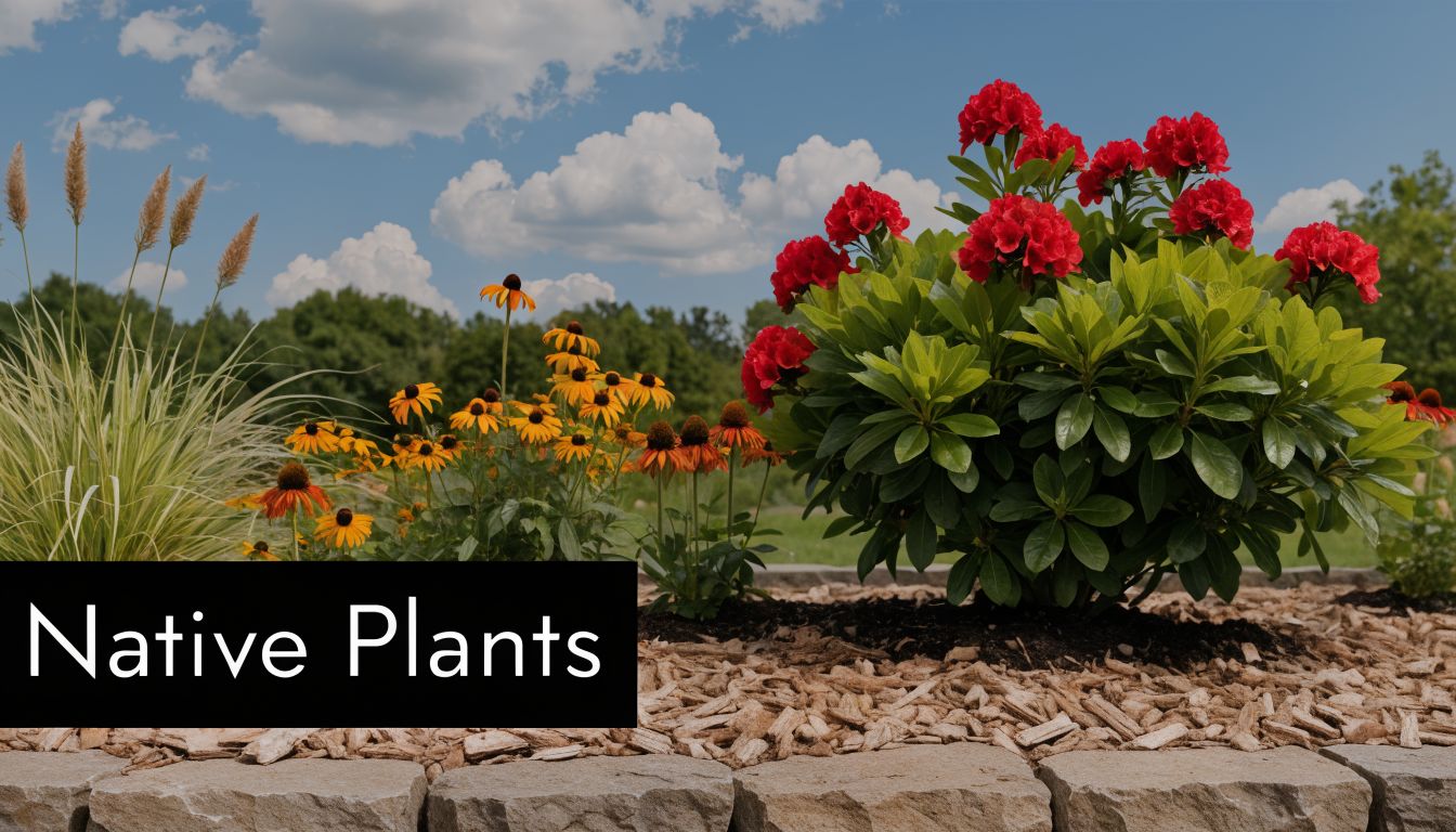 A garden bed featuring vibrant red rhododendrons, yellow coneflowers, and ornamental grasses with a stone border.