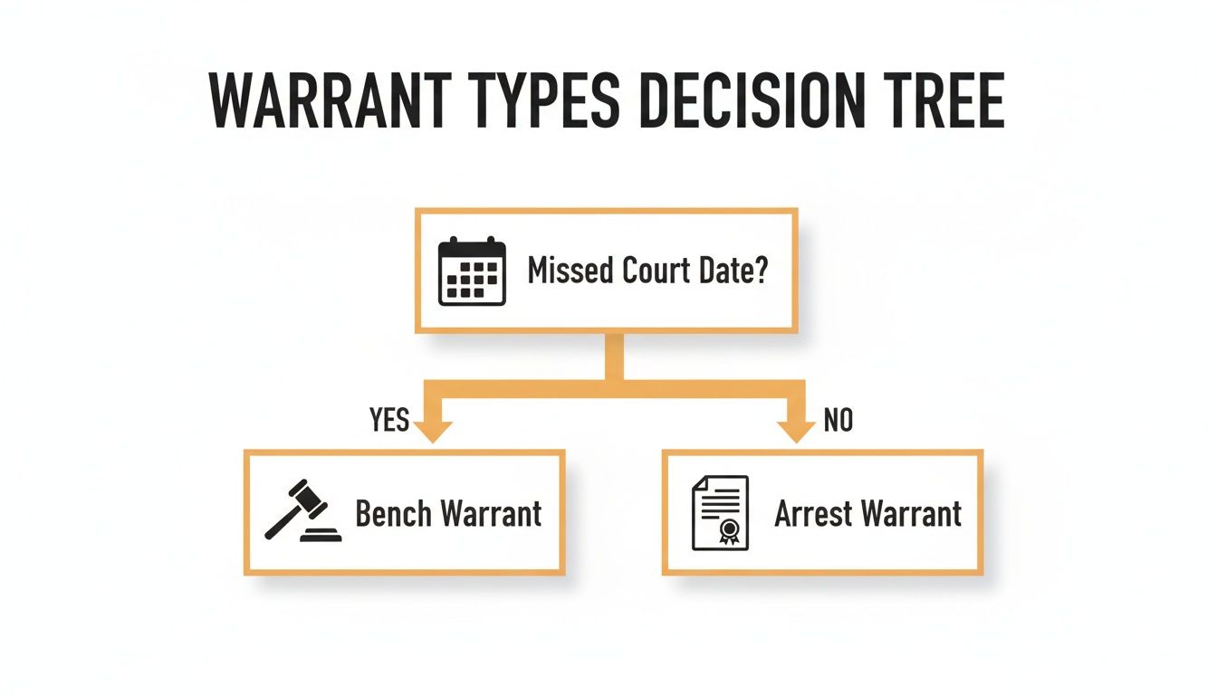 A decision tree diagram explaining warrant types: Bench Warrant for missed court dates, and Arrest Warrant for other reasons.