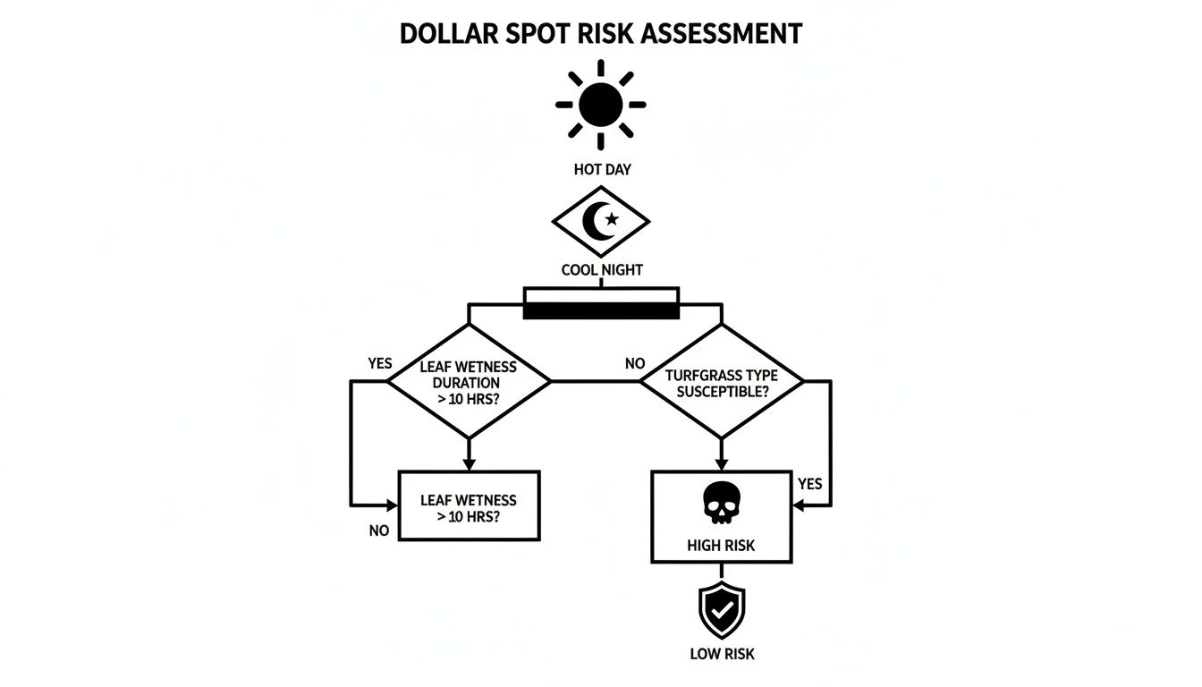 Flowchart illustrating dollar spot risk assessment based on temperature, leaf wetness, and turfgrass type.