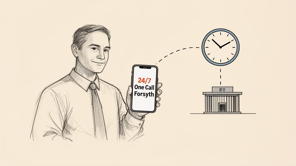 A man holds a smartphone displaying "24/7 One Call Forsyth," connected to a clock and a building.