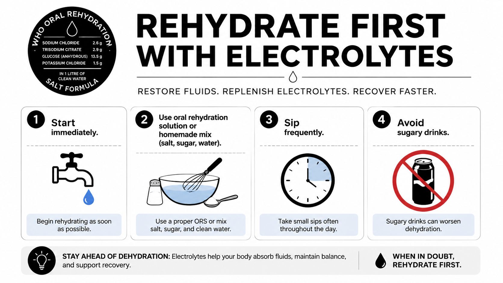 An infographic showing steps for oral rehydration with electrolytes including mixing instructions and health tips.