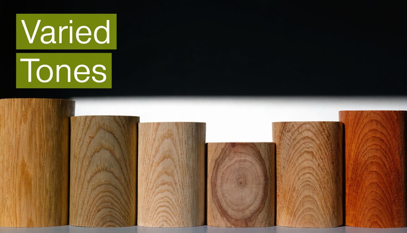 A row of wooden cylinders showing varied natural grain patterns and shades of brown wood colors.