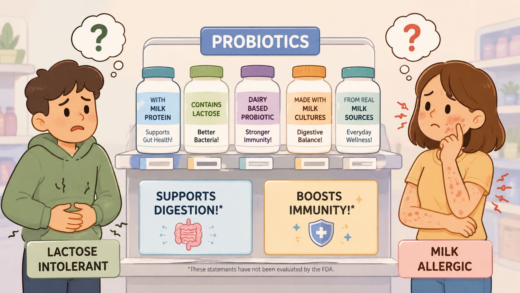 A boy with stomach pain and a girl with a rash looking at dairy-based probiotic bottles.