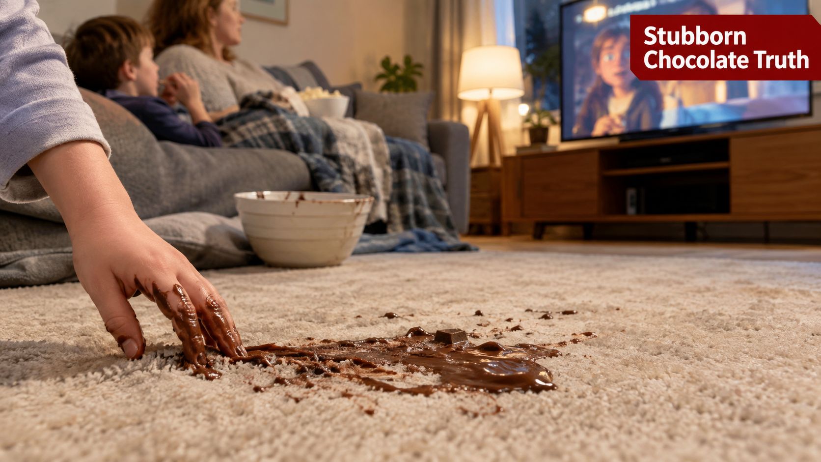 A young child's hand covered in spilled melted chocolate on a plush beige living room carpet.
