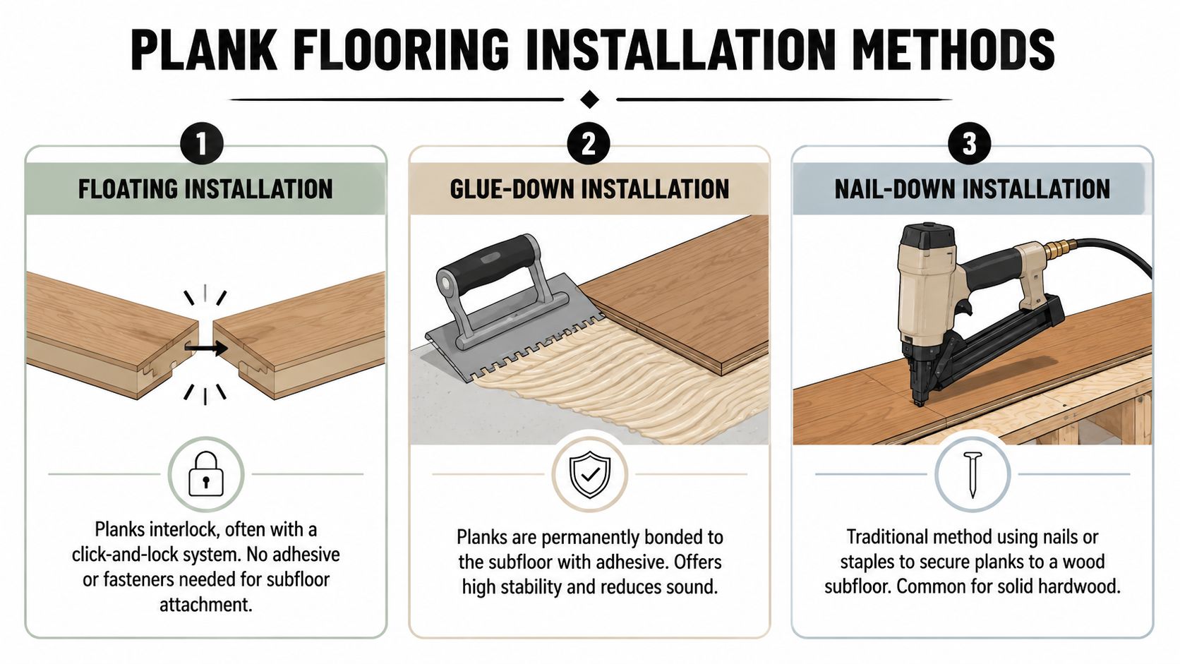 A diagram illustrating three main types of plank flooring installation: floating, glue-down, and nail-down methods.