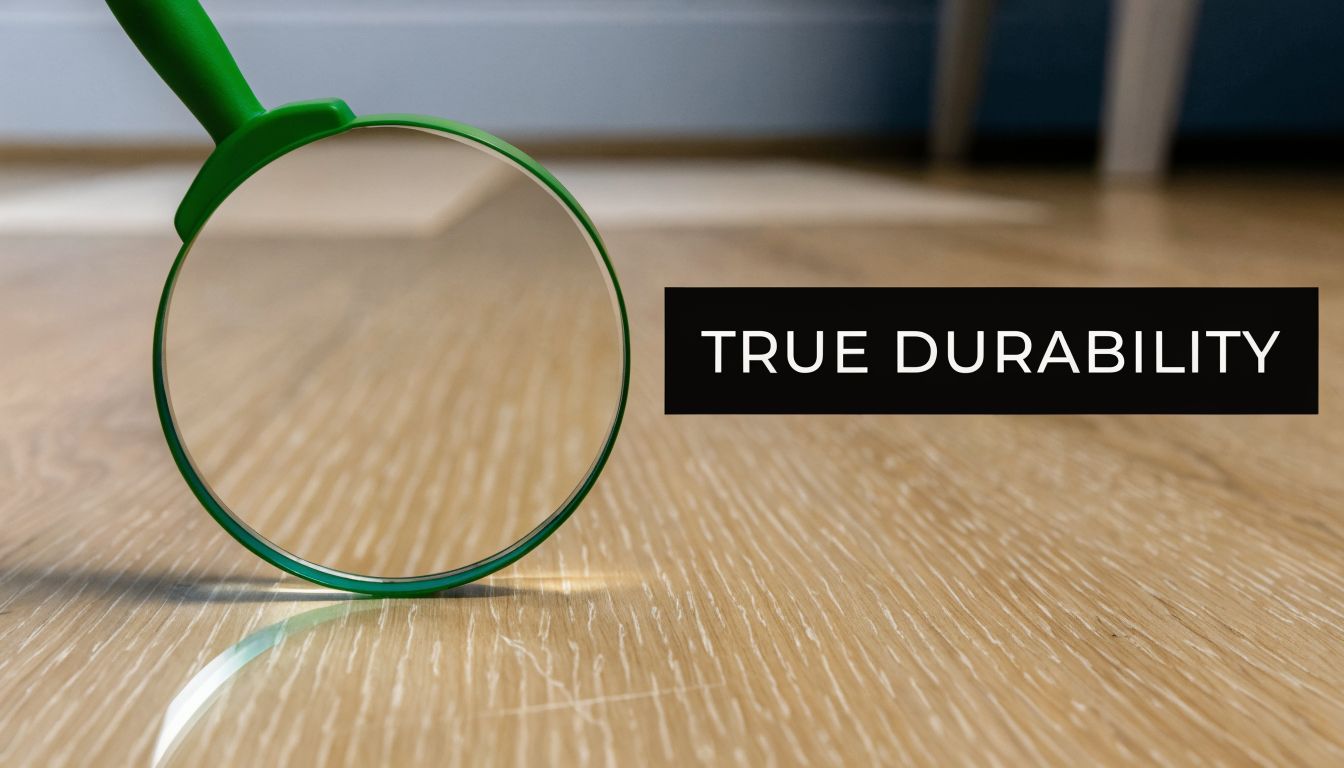 A green magnifying glass held over light-colored wooden floorboards to emphasize the concept of true durability.