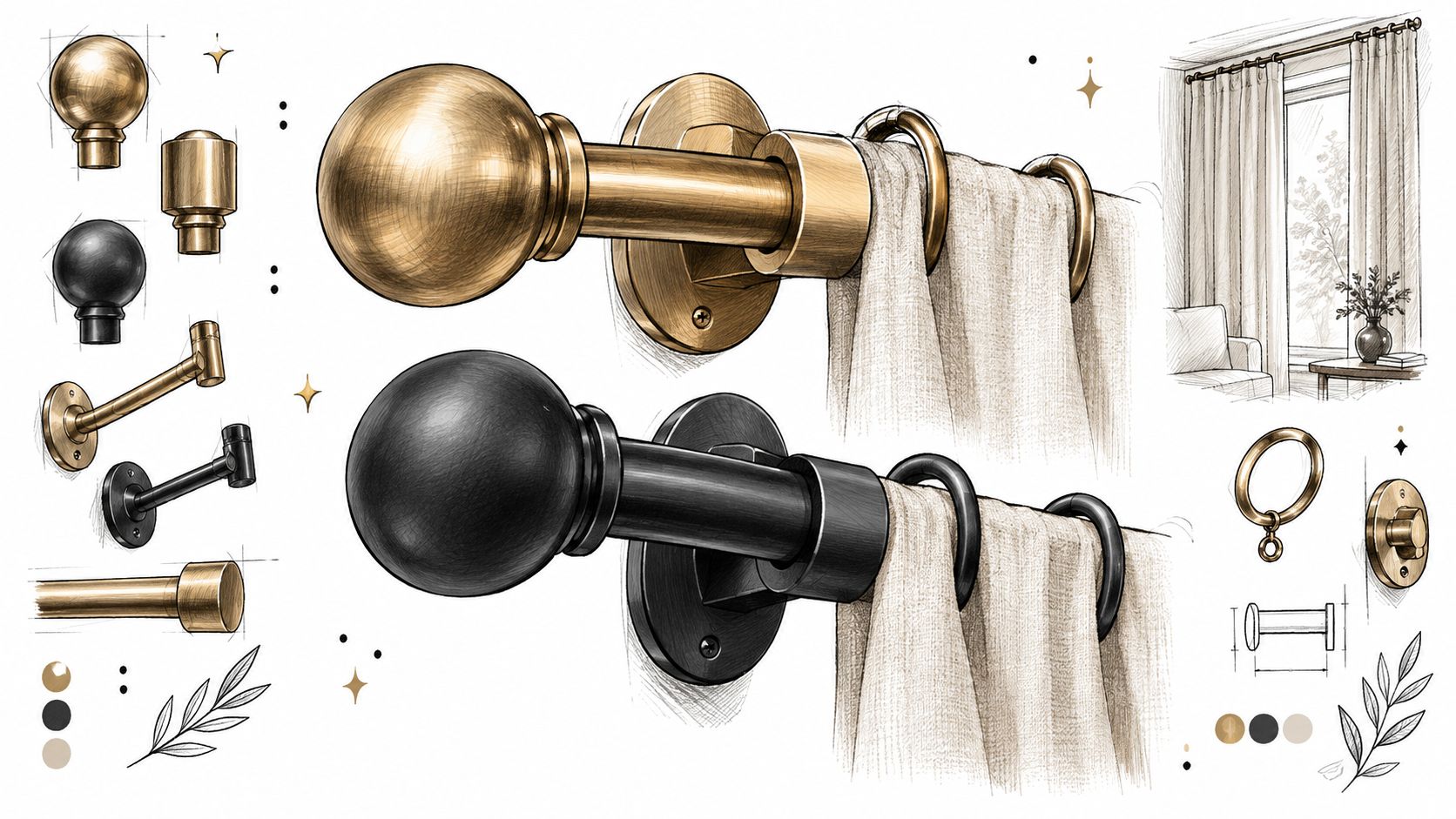 A detailed technical drawing and illustration of luxury custom drapery hardware featuring brass and matte black curtain rods.