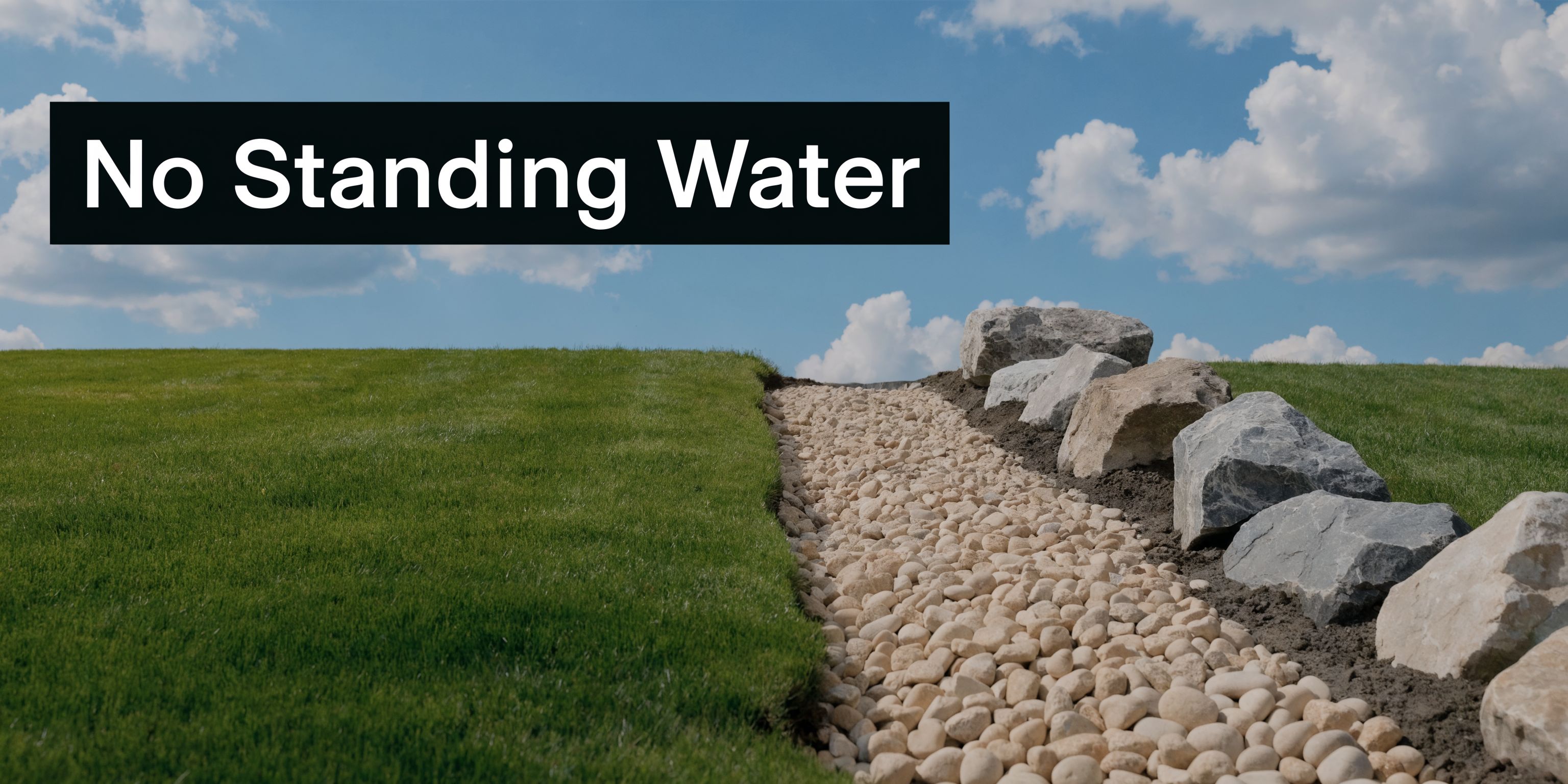 A landscaped rock drainage trench bordering a green lawn designed to prevent standing water and pests.