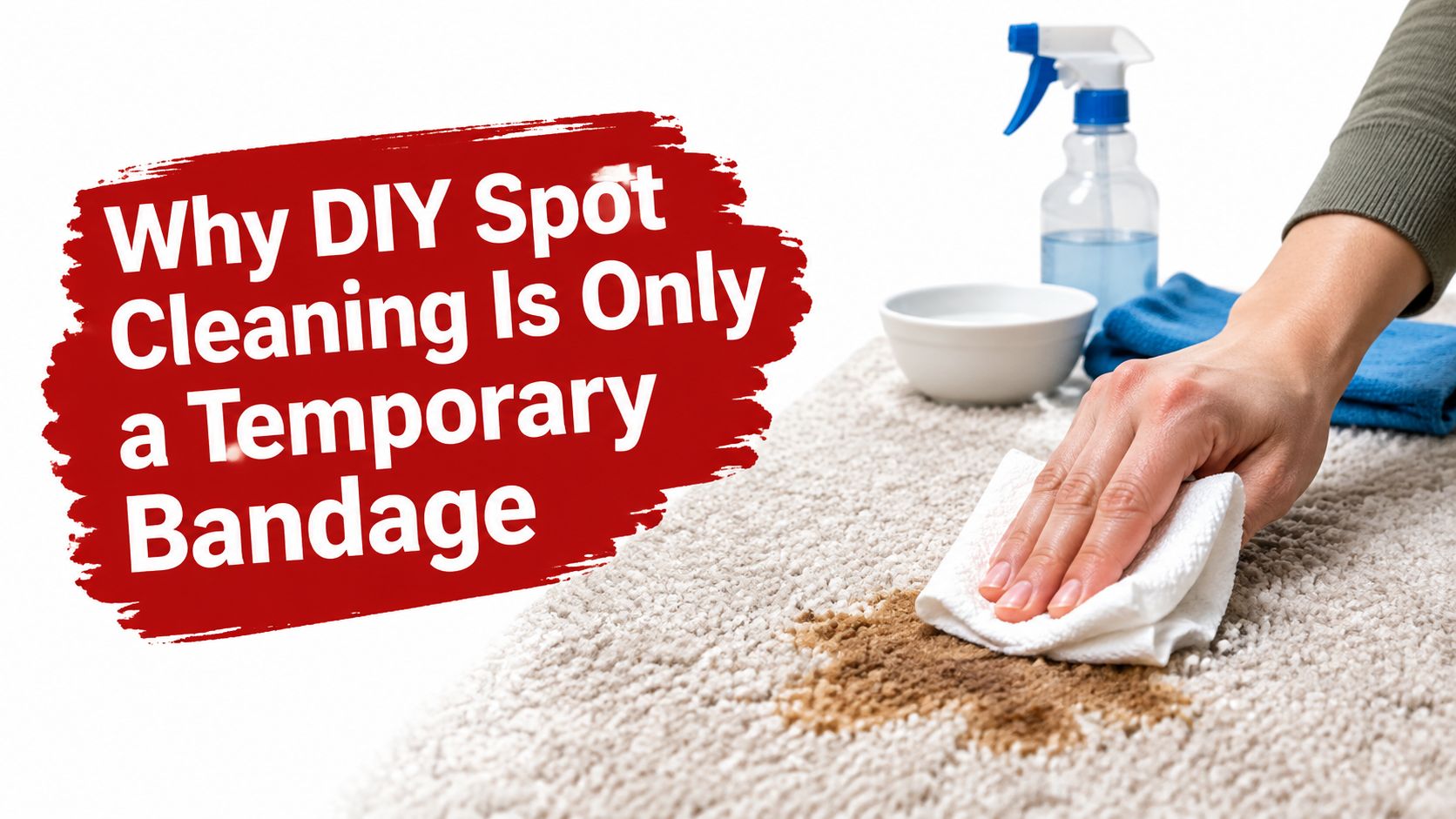 A person using a paper towel to blot a brown stain on a light colored carpet rug.
