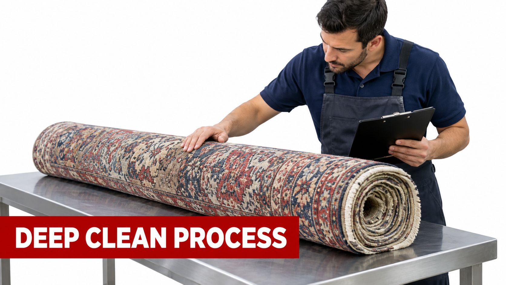 A professional carpet cleaner examining a rolled up decorative rug on a stainless steel table.