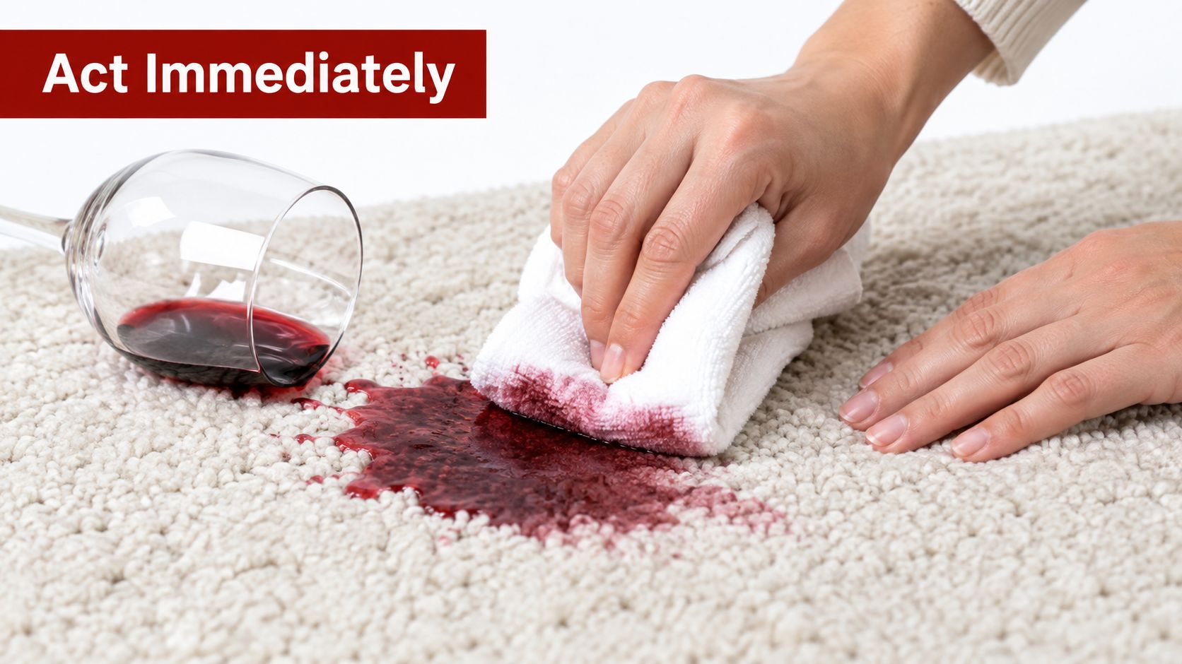 A person using a white cloth to blot red wine spilled on a beige carpet.