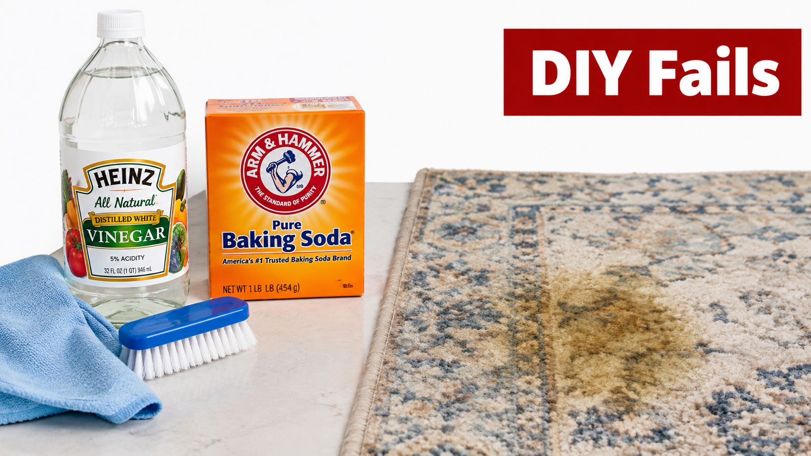 Cleaning supplies like vinegar, baking soda, and a scrub brush sitting next to a stained carpet rug.