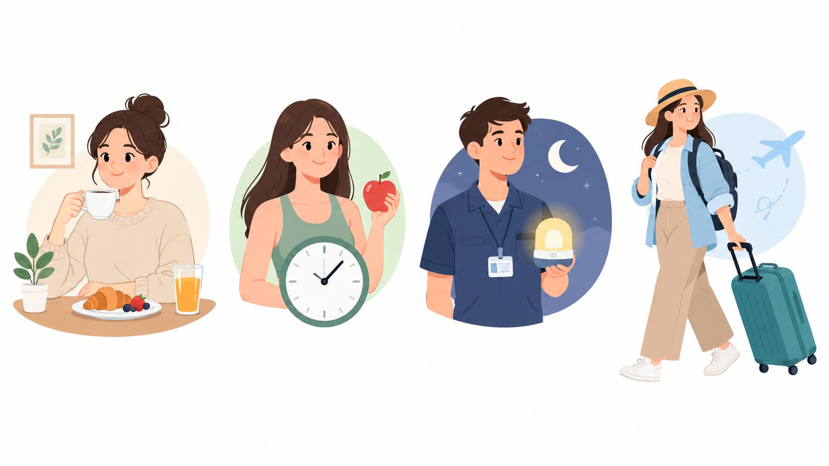 A set of four illustrations depicting different daily activities: eating breakfast, tracking time, working, and traveling.