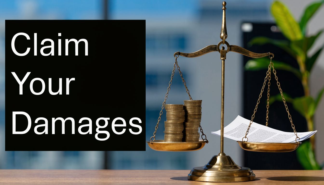 A brass scale of justice balancing a stack of gold coins and a stack of legal documents.