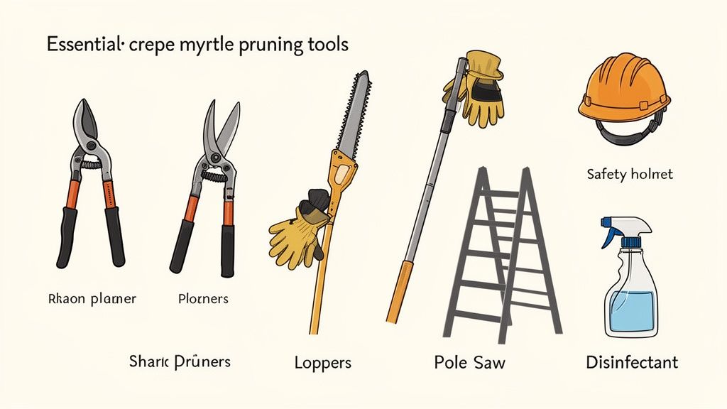 A collection of essential tools for pruning crepe myrtle, including various pruners, loppers, a pole saw, safety gear, and disinfectant.