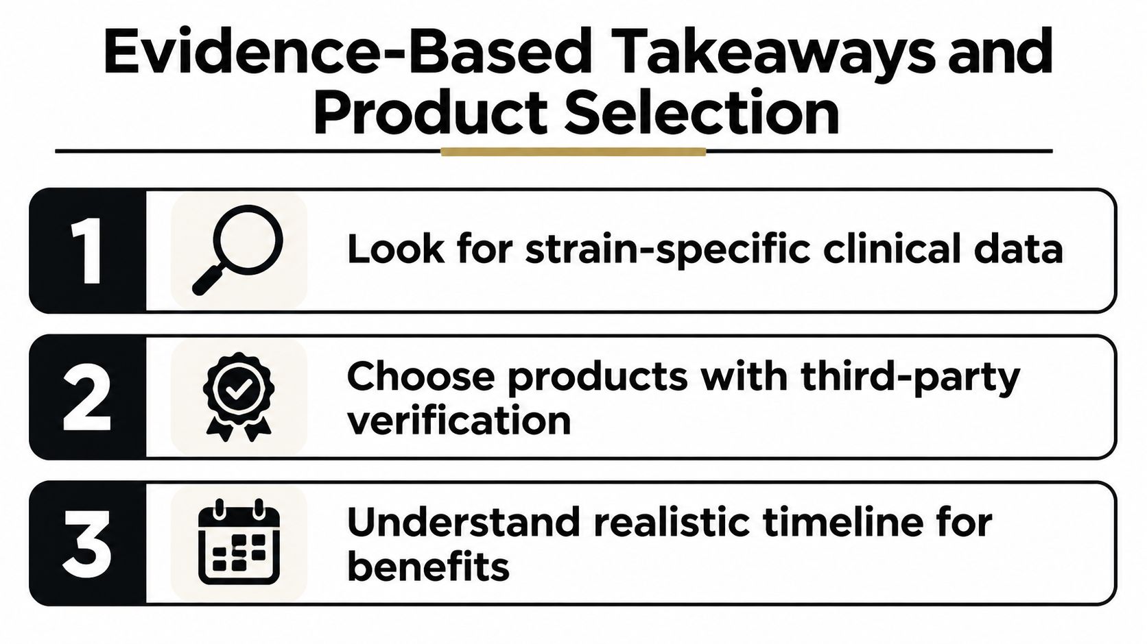An infographic titled Evidence-Based Takeaways and Product Selection listing three steps for choosing quality probiotic products.