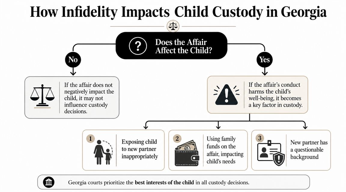 A flowchart explaining how infidelity might impact child custody decisions in Georgia based on the child's well-being.