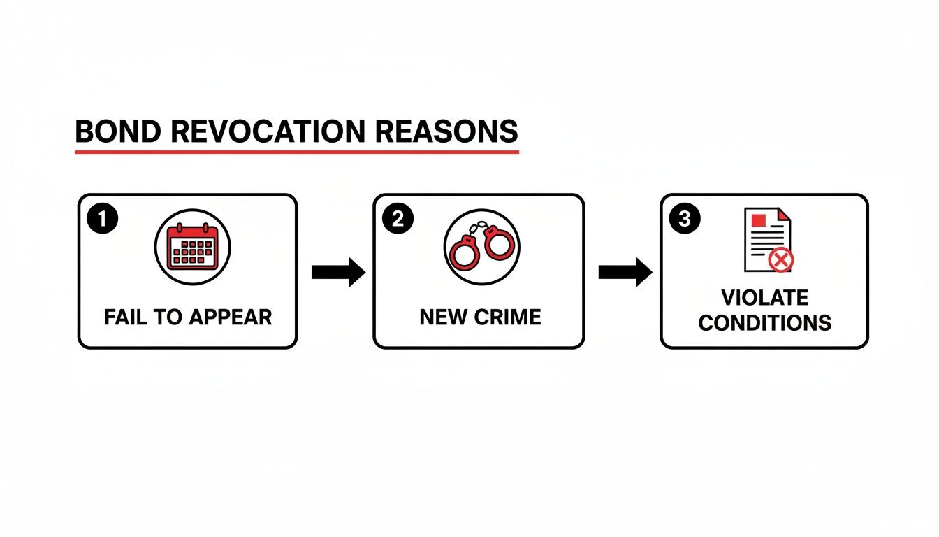 An infographic illustrating three key reasons for bond revocation: failure to appear, new crime, and violating conditions.