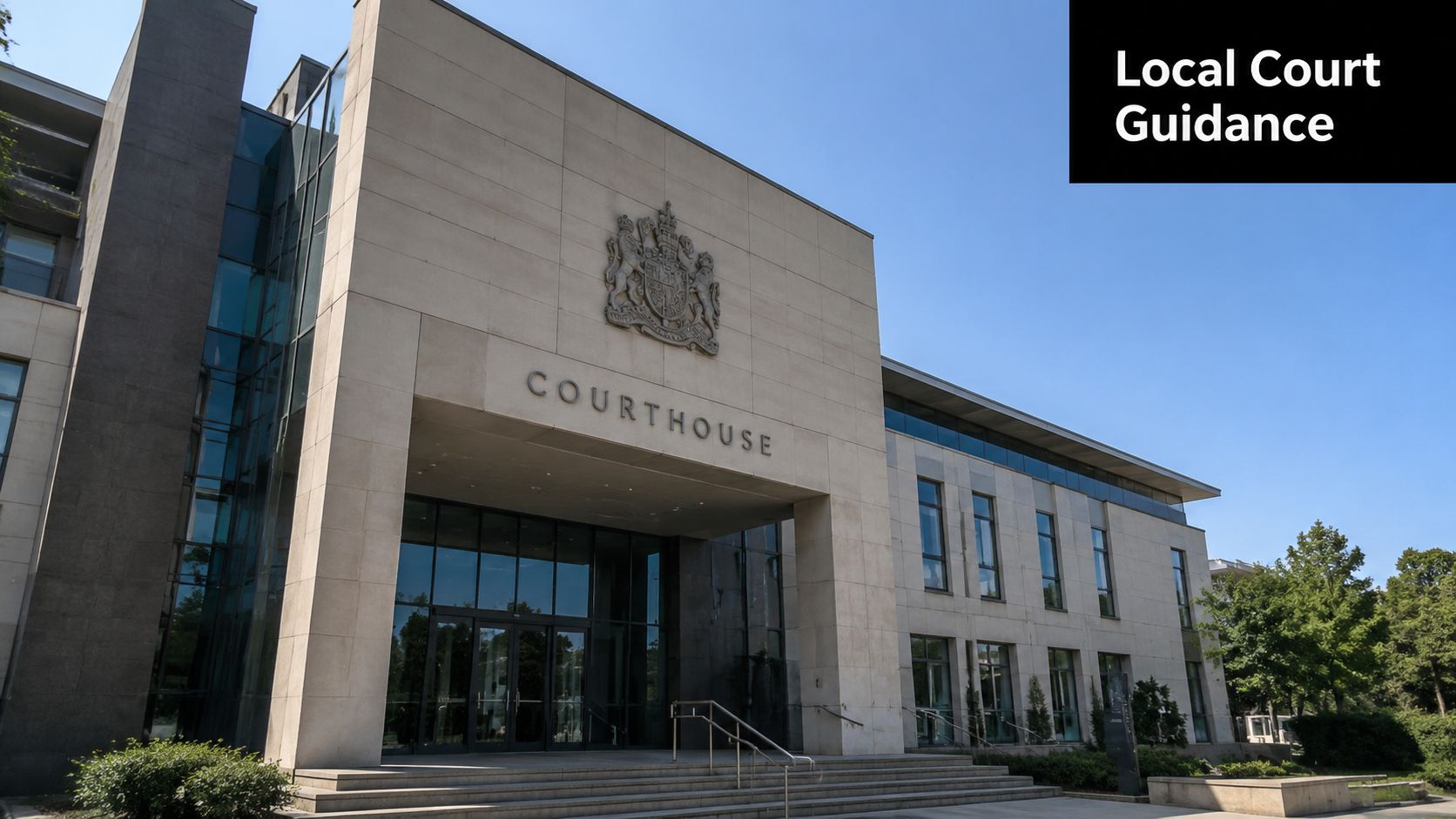 Exterior view of a modern courthouse building with a stone facade under a clear blue sky.