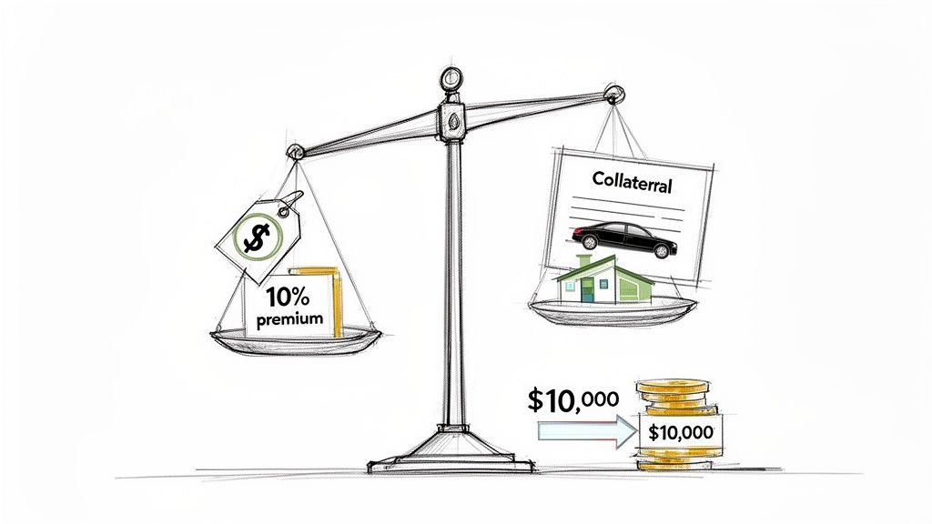 A financial balance scale weighing a 10% premium and dollar sign against collateral assets (car, house) and $10,000.