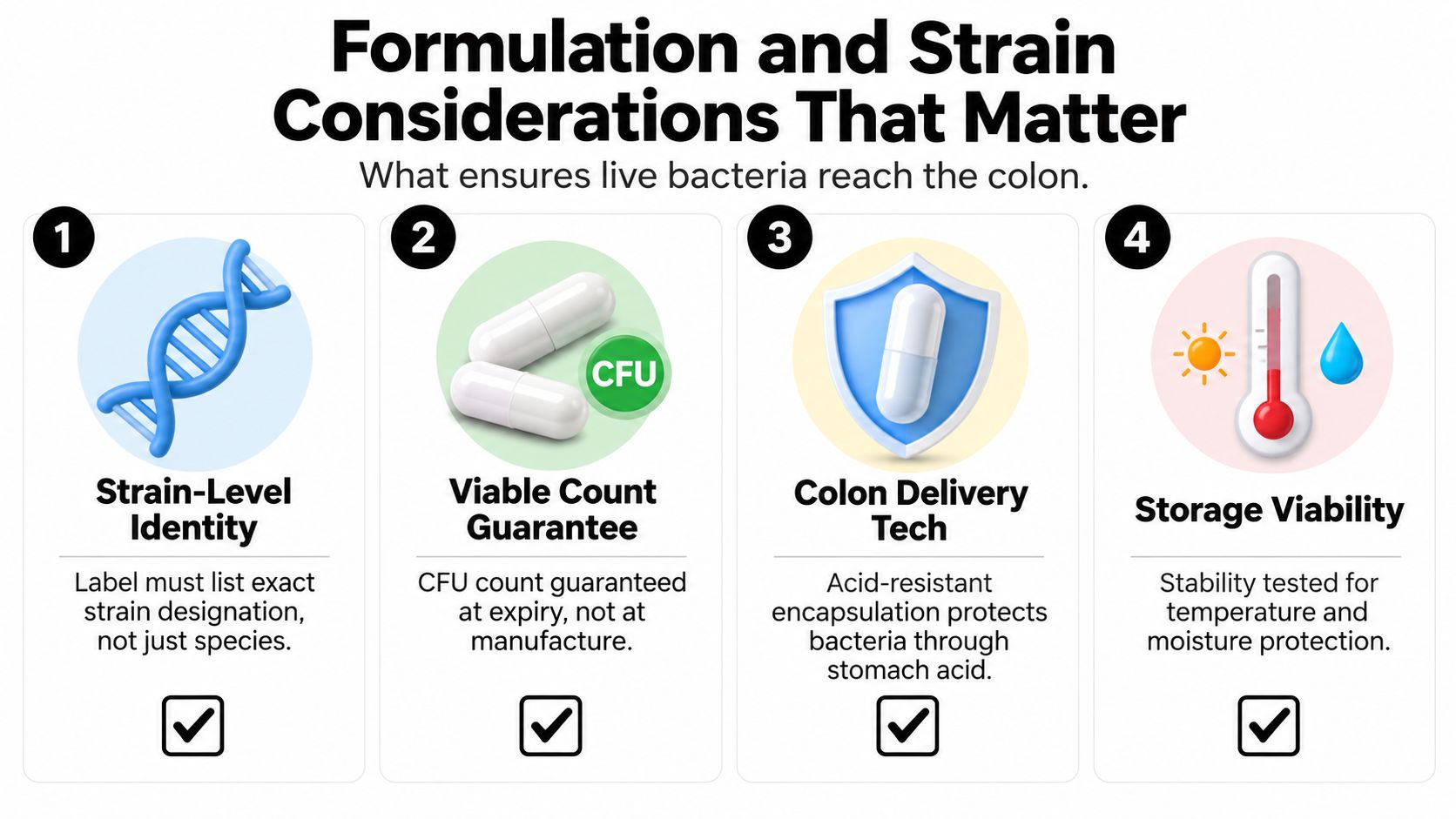 An infographic detailing four essential considerations for high-quality probiotic supplements to ensure bacteria reach the colon.