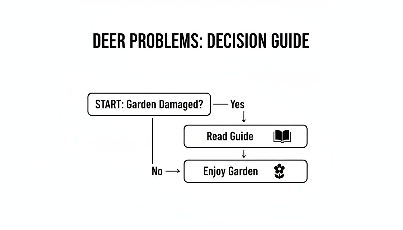 A simple flowchart titled 'Deer Problems: Decision Guide' showing steps for garden damage.