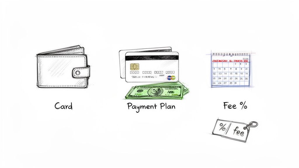 Sketches illustrating financial concepts: a wallet for cards, credit cards with cash for payment plans, and a calendar with a fee tag.