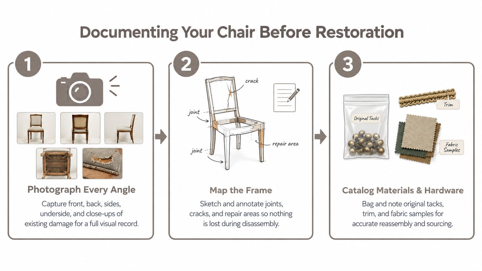 A three-step infographic showing how to document an antique chair before starting the restoration process.