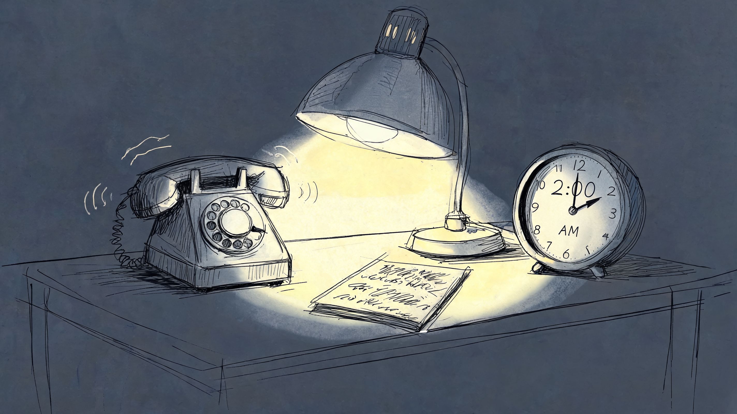 A ringing rotary phone on a desk at night next to a lamp and an alarm clock.