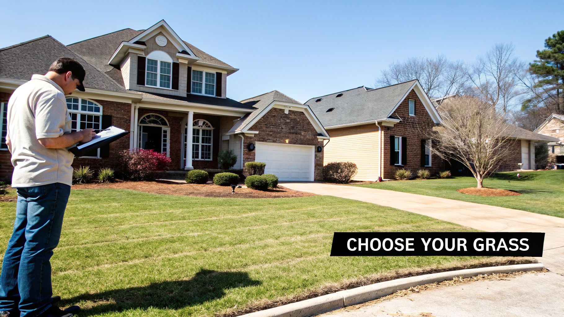 A man inspects a lush green lawn in front of suburban houses with a 'Choose Your Grass' sign.