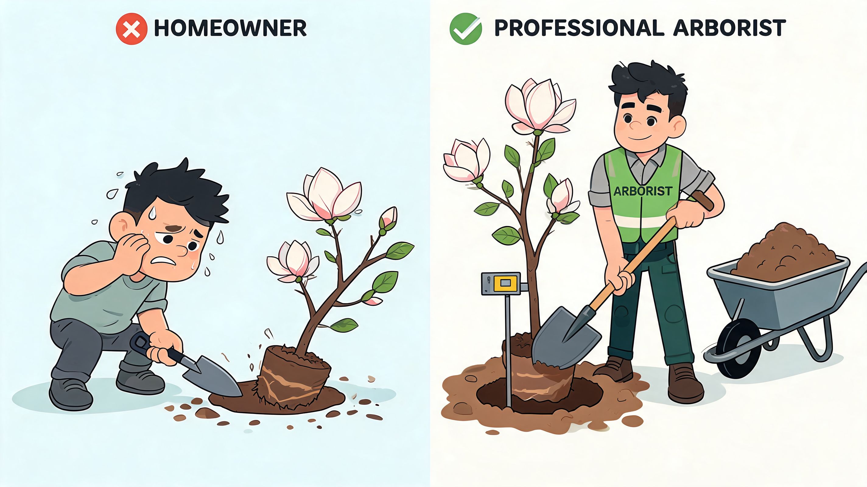 A comparison illustration showing a struggling homeowner planting a tree versus a professional arborist planting it correctly.