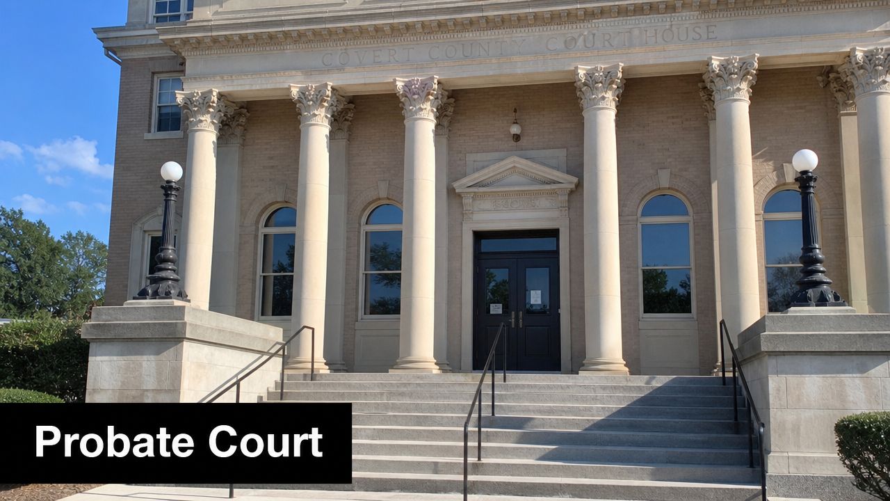 The entrance of the Covert County Courthouse building with stone columns and stairs leading up to doors.