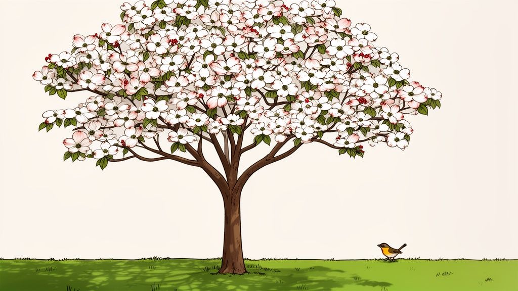 A vibrant dogwood tree with white and pink blossoms stands over green grass with a small bird.
