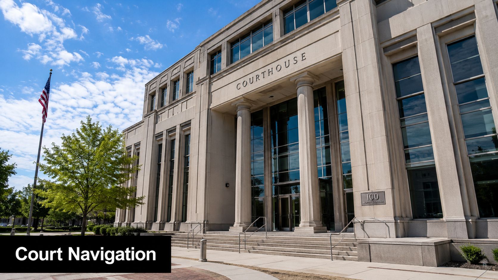 A grand stone courthouse building with large white columns and a flying American flag nearby.