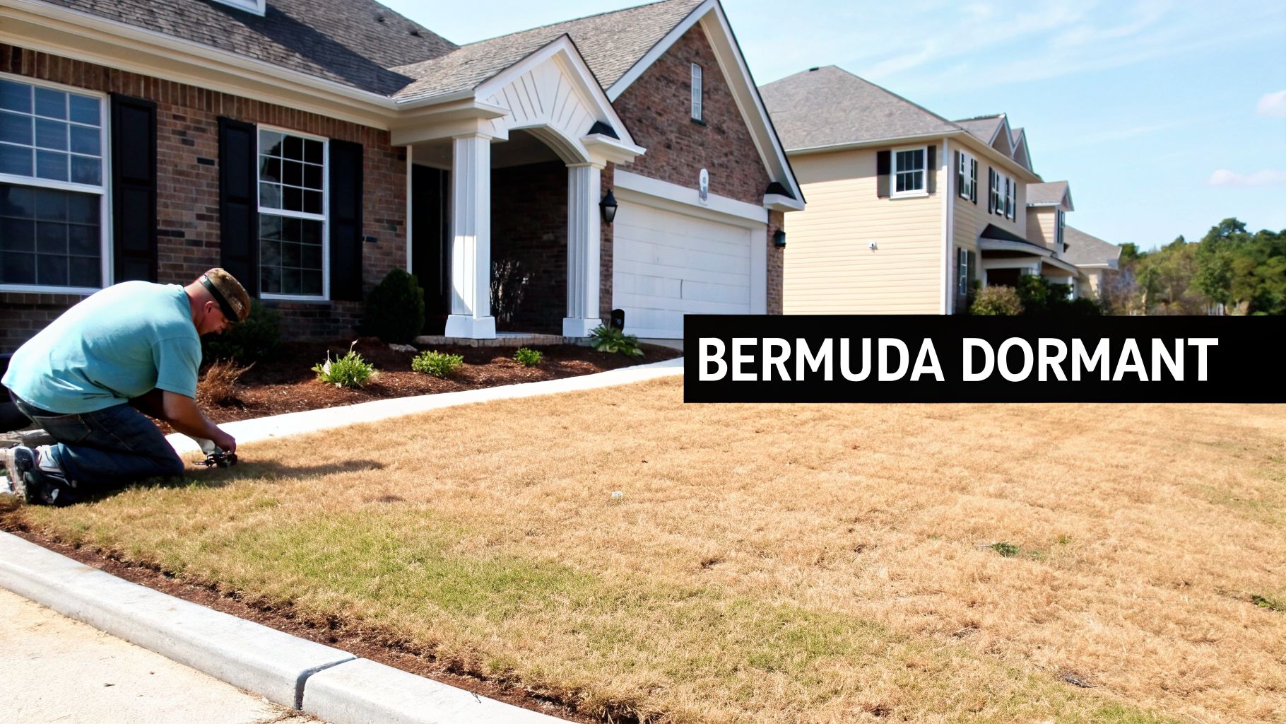 A man tending to a dormant Bermuda grass lawn in front of residential homes under a clear sky.