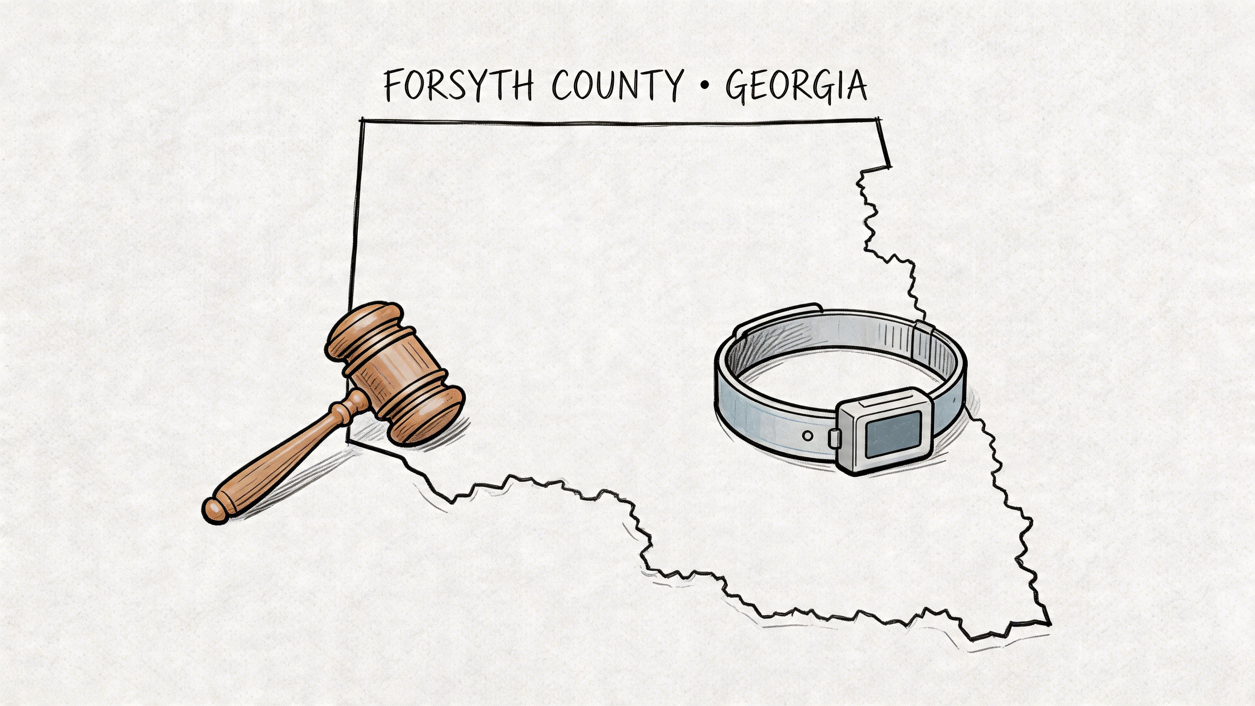 A gavel and an electronic ankle monitor placed over an outline map of Forsyth County, Georgia.