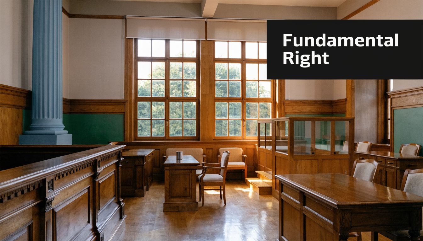 An empty, traditional wooden courtroom with a judge's bench, witness box, and tables for legal counsel.