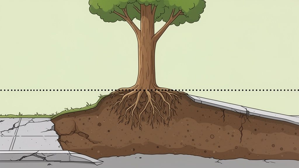 Cross-section view of tree roots pushing up and cracking a sidewalk, indicating a problem.