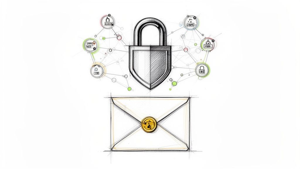 An illustration of a secure digital network with a padlock and a sealed envelope for online transactions.