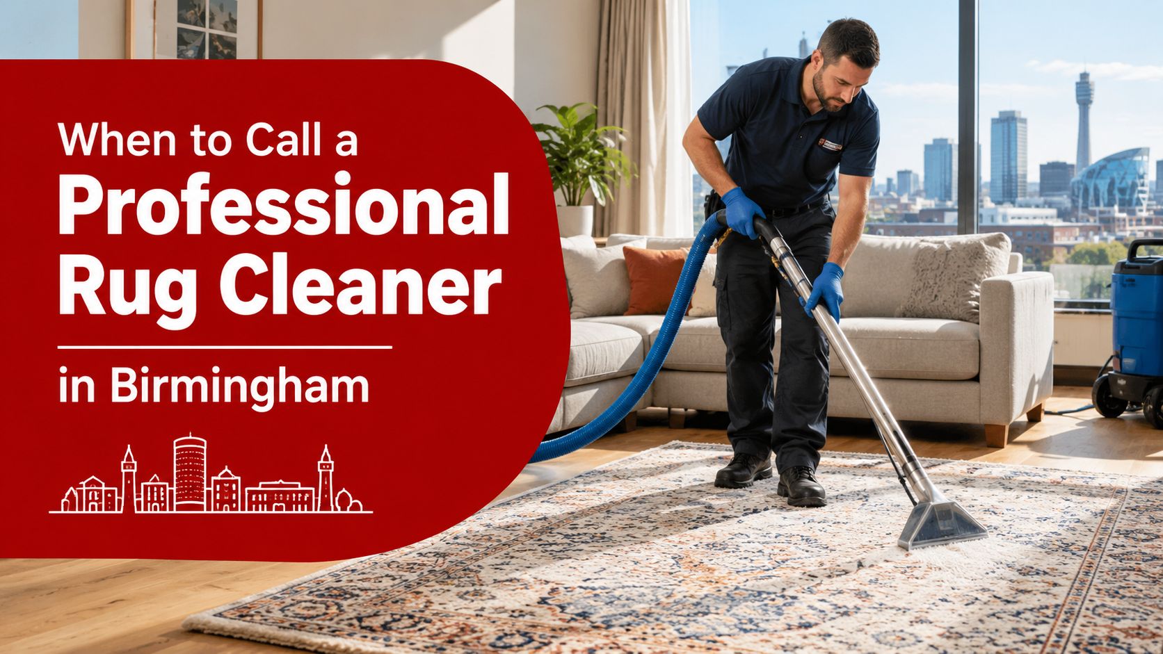 A professional cleaner wearing gloves deep cleaning an ornate area rug in a bright modern apartment.