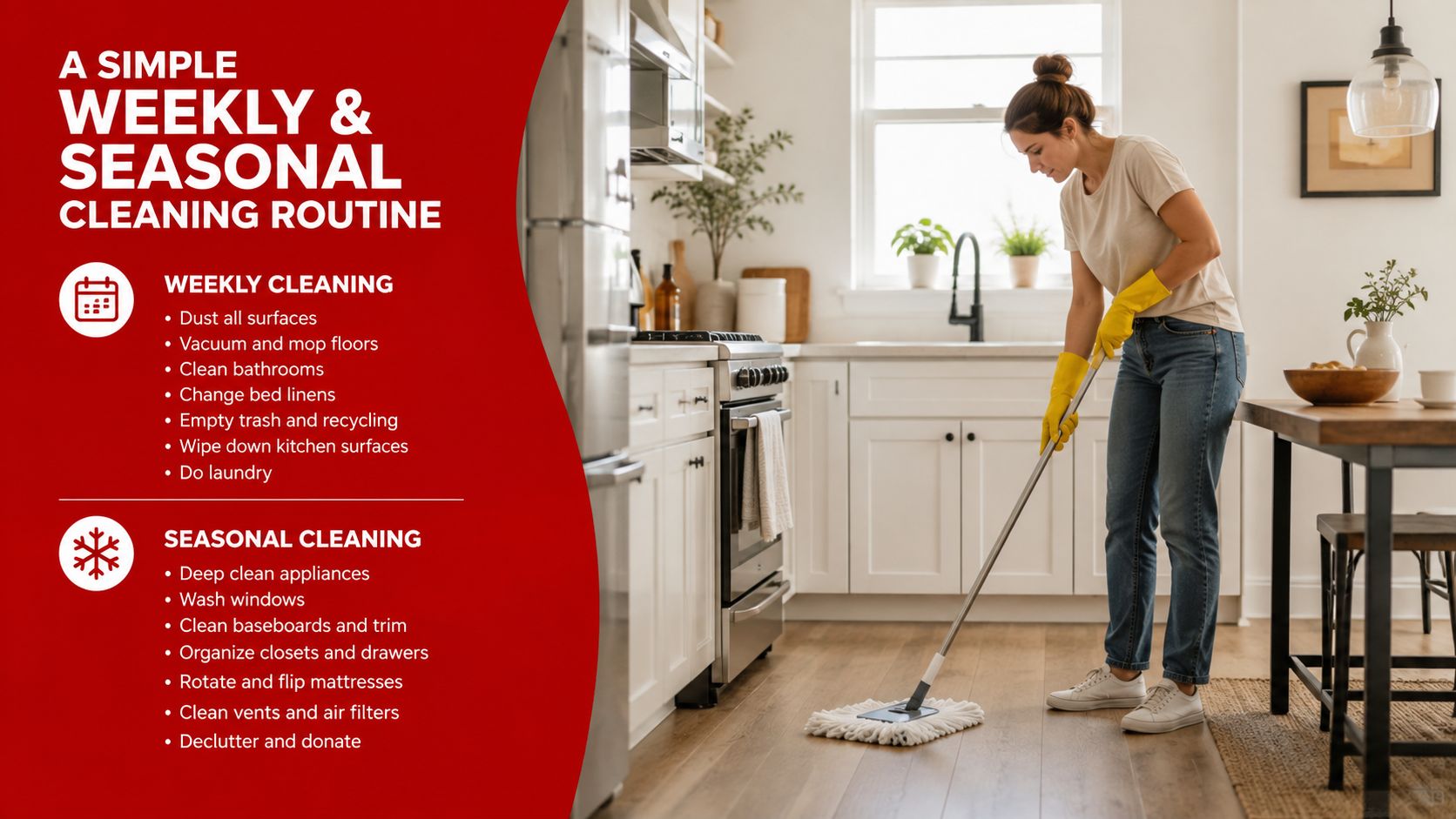 A woman wearing rubber gloves mopping a wooden kitchen floor, accompanied by a weekly and seasonal cleaning checklist.