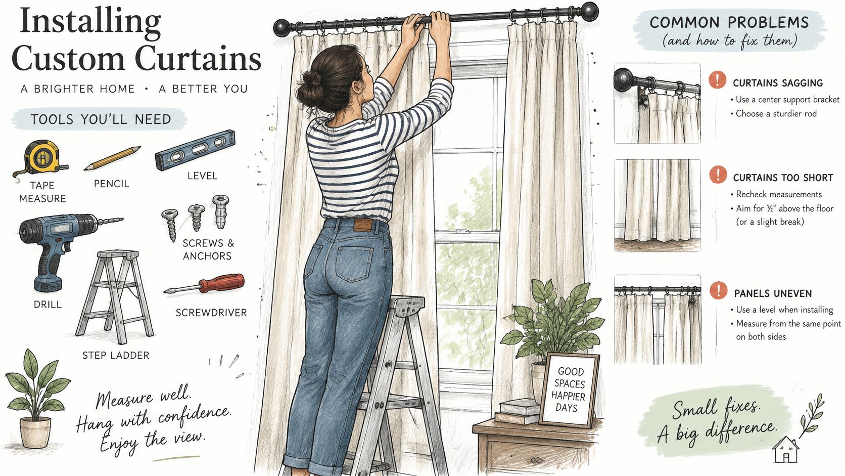 An illustrated guide demonstrating the step-by-step process of installing custom curtains with necessary tools and troubleshooting tips.
